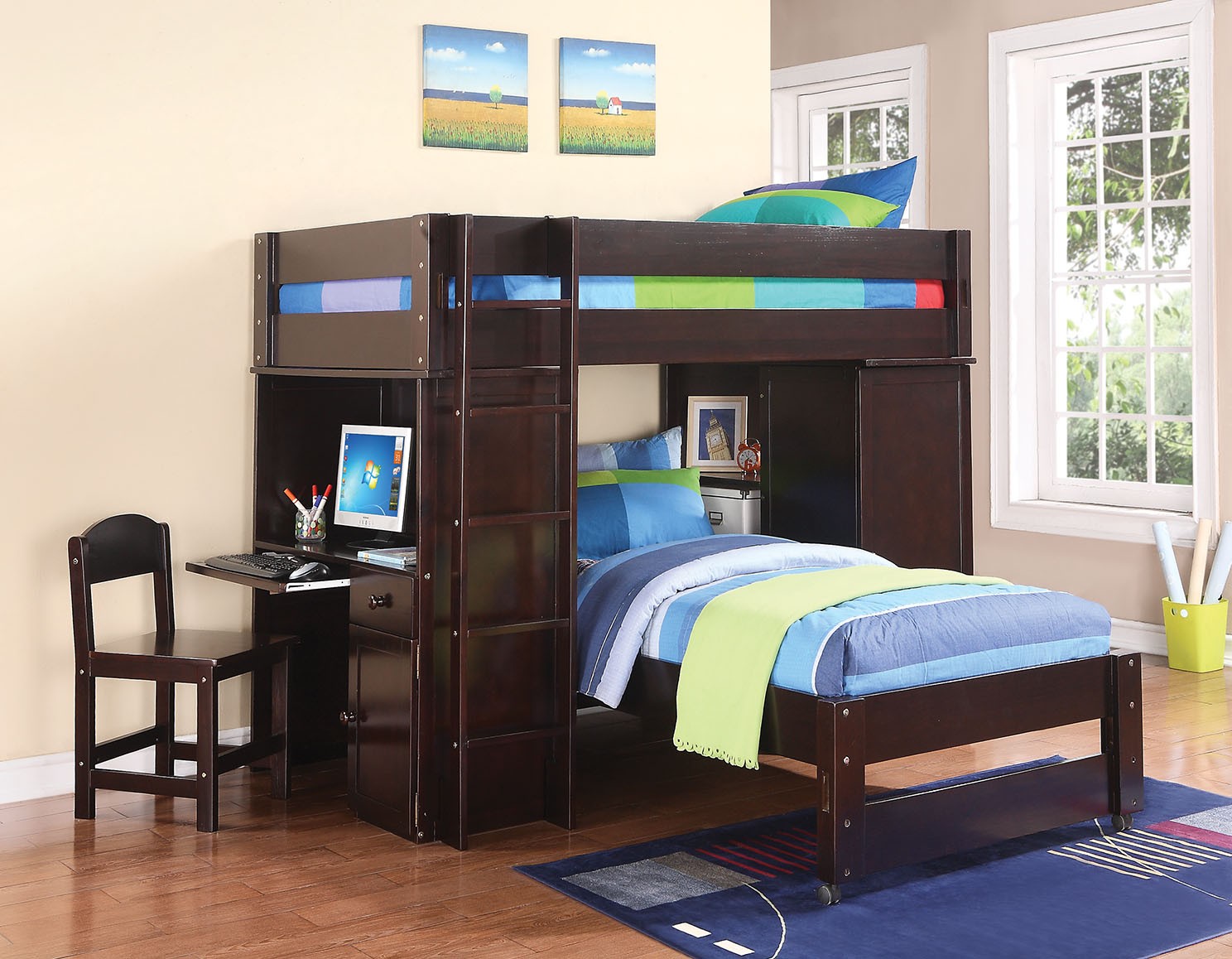 bunk beds with a desk at the bottom