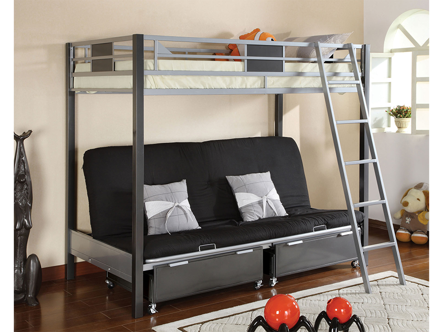 Cletis Contemporary Silver Metal, Twin Over Futon Bunk Bed