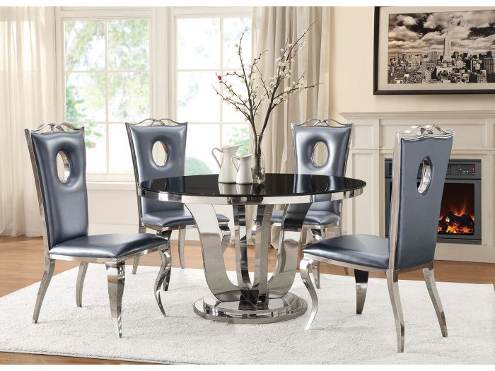 J Black Dining Table and Chairs,Set of 4 High Back PU Leather with Round Tempered Glass Chairs 