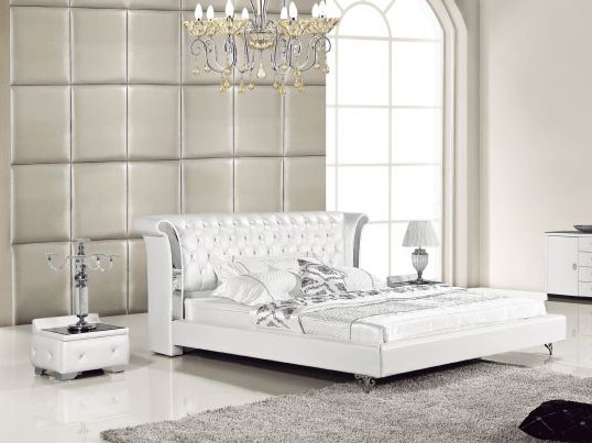 White Genuine Leather Queen Bed W, White Leather Bed Queen
