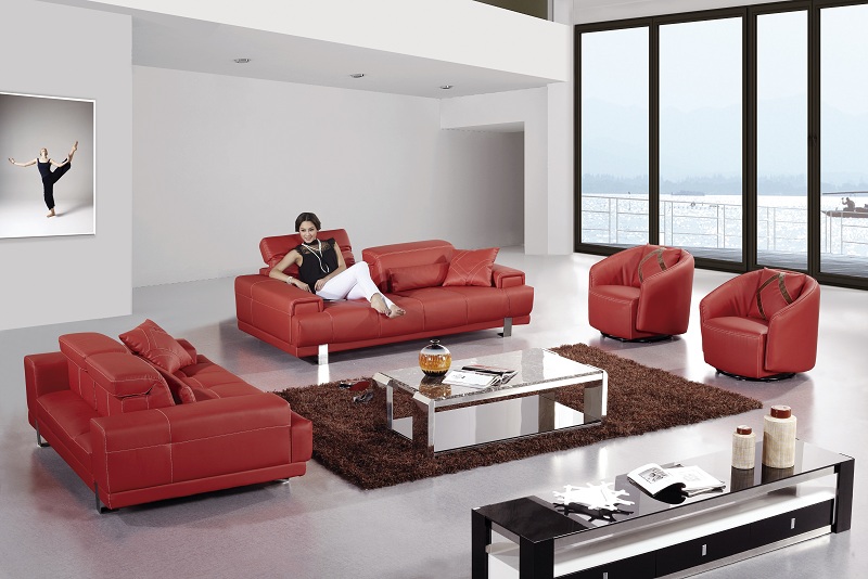 Modern 4pcs Red Bonded Leather Sofa Set, Red Leather Couch And Chair Set