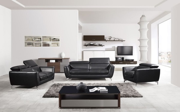 Modern 3pcs Black Italian Leather Sofa, Italian Leather Sofa Sets