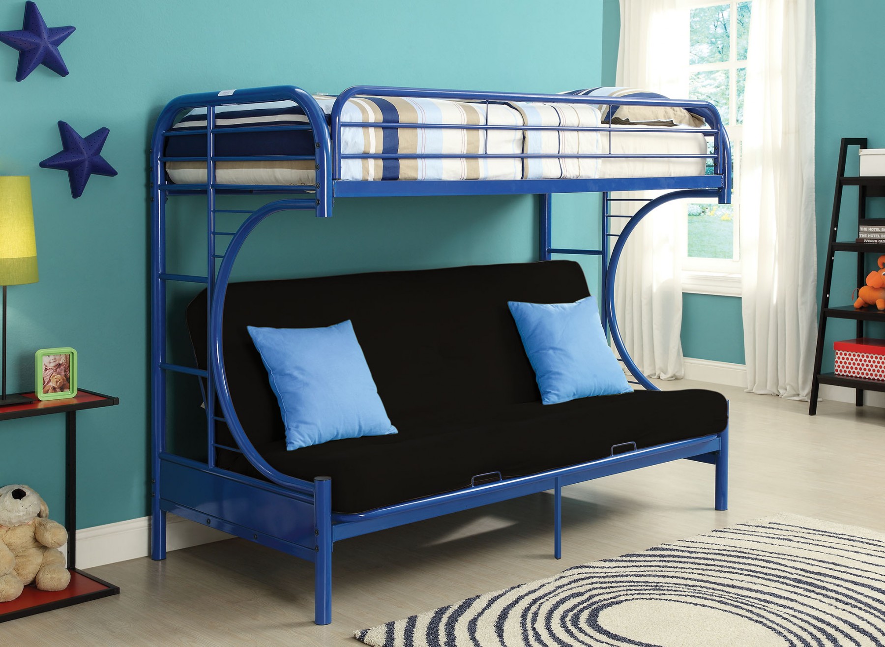 Eclipse Blue Metal Twin Queen Futon, Blue Bunk Beds