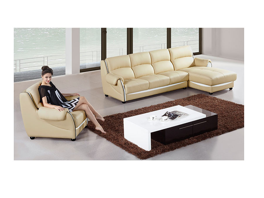 Modern Tan Faux Leather Sectional Sofa, Ivory Faux Leather Sectional