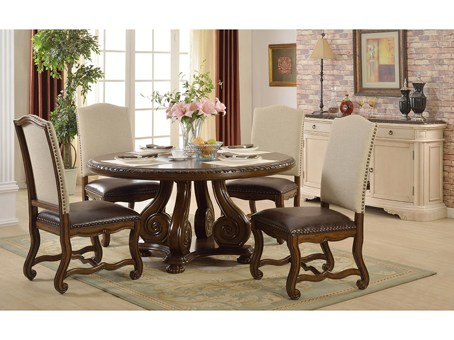 5pcs Brown Round Pedestal Dining Table, Round Pedestal Dining Table Sets