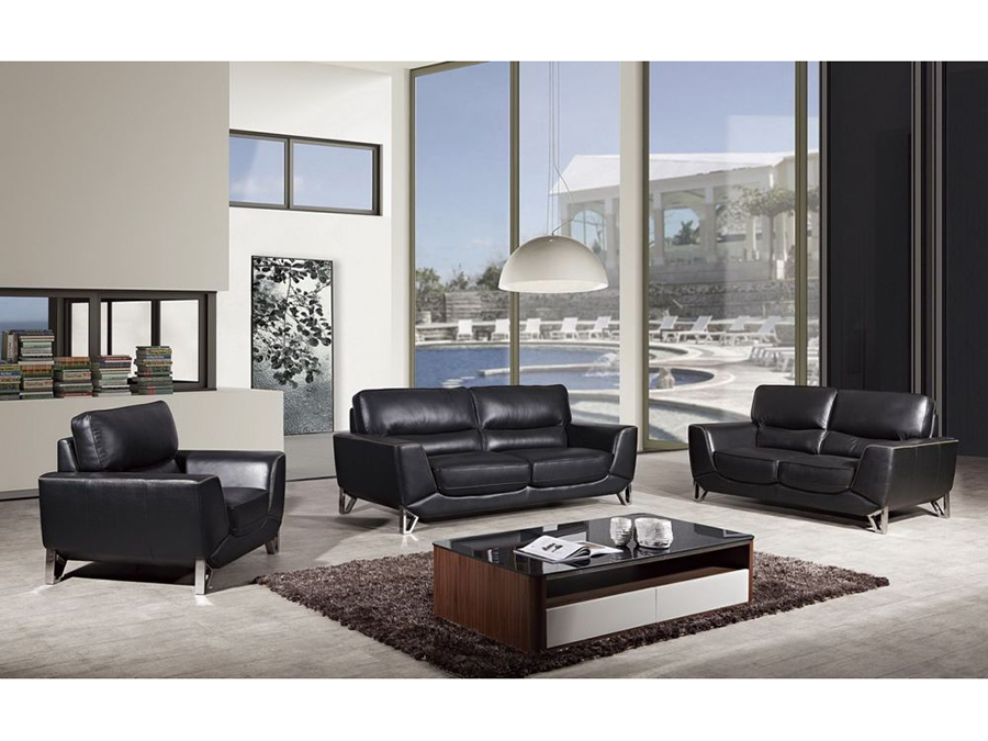 Modern 3pcs Black Italian Leather Sofa, Black Modern Italian Leather Sofa Set