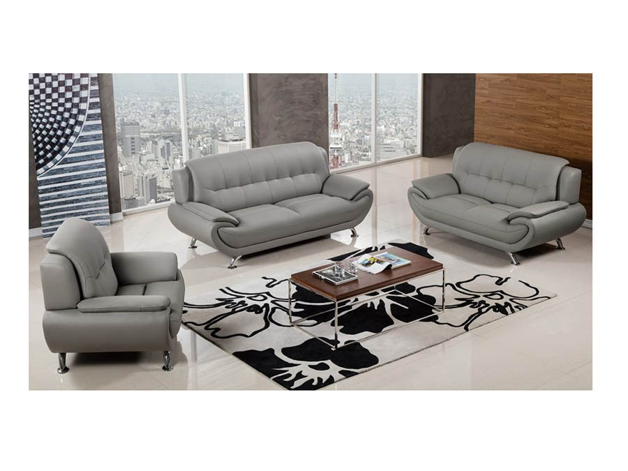 Modern 3pcs Grey Faux Leather Sofa, Grey Faux Leather Sofa Set