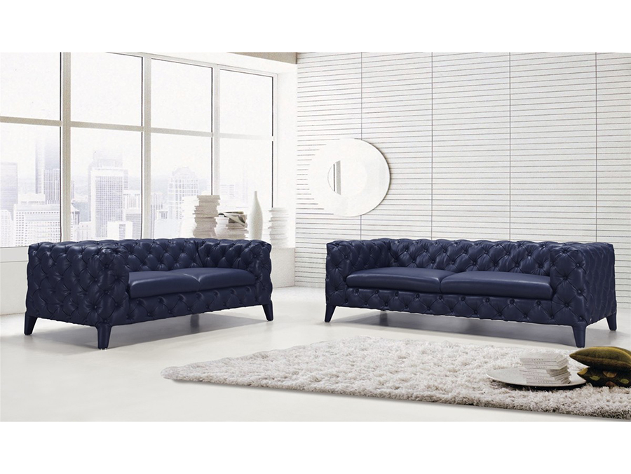 Blue Tufted Leather Sofa Set For
