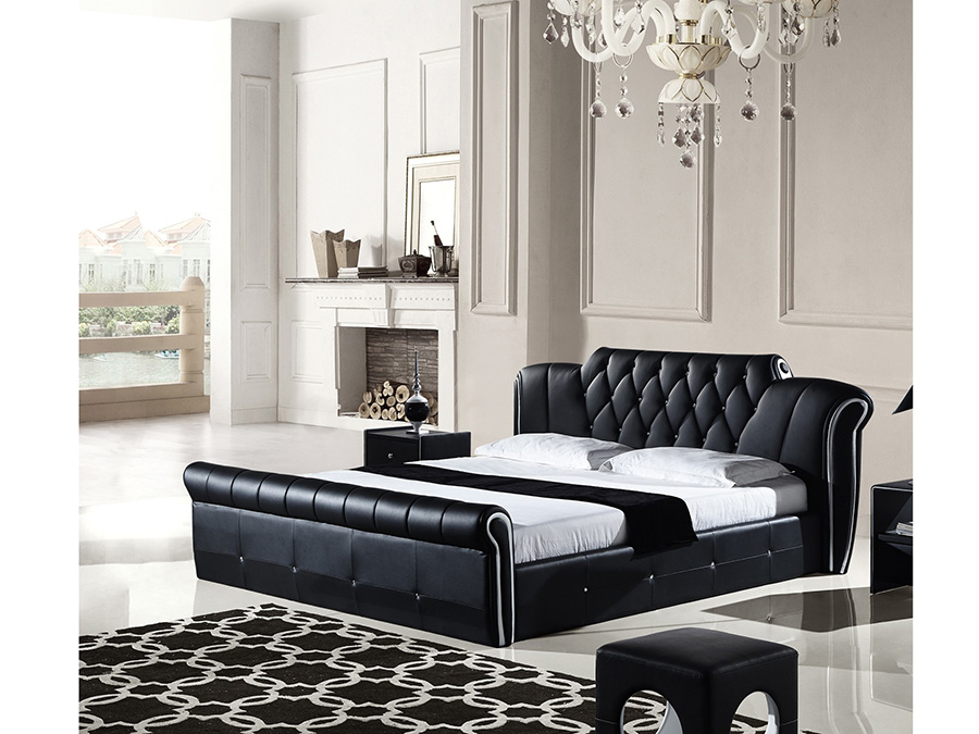 Modern Black E King Sleigh Bed, Leather Sleigh Bed California King
