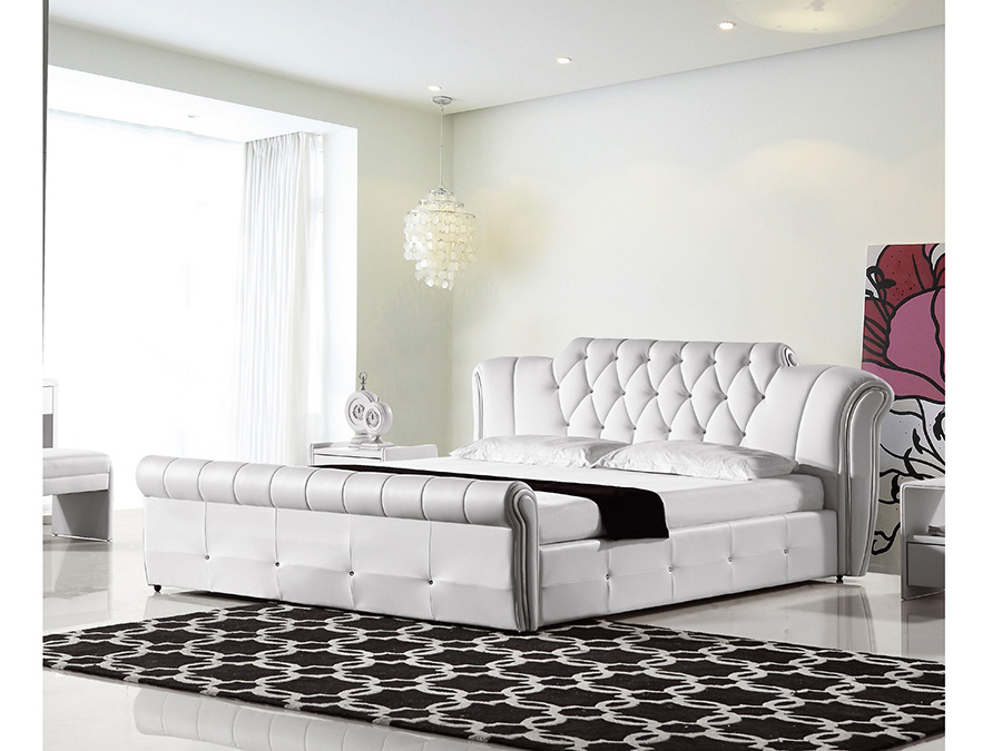 Modern White Cal King Sleigh Bed, Modern White King Bed Frame