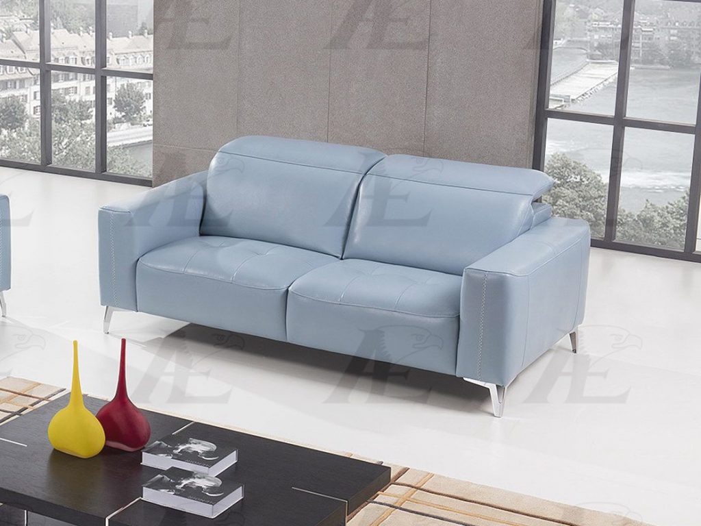 Light Blue Italian Full Leather Sofa, Blue Leather Couches