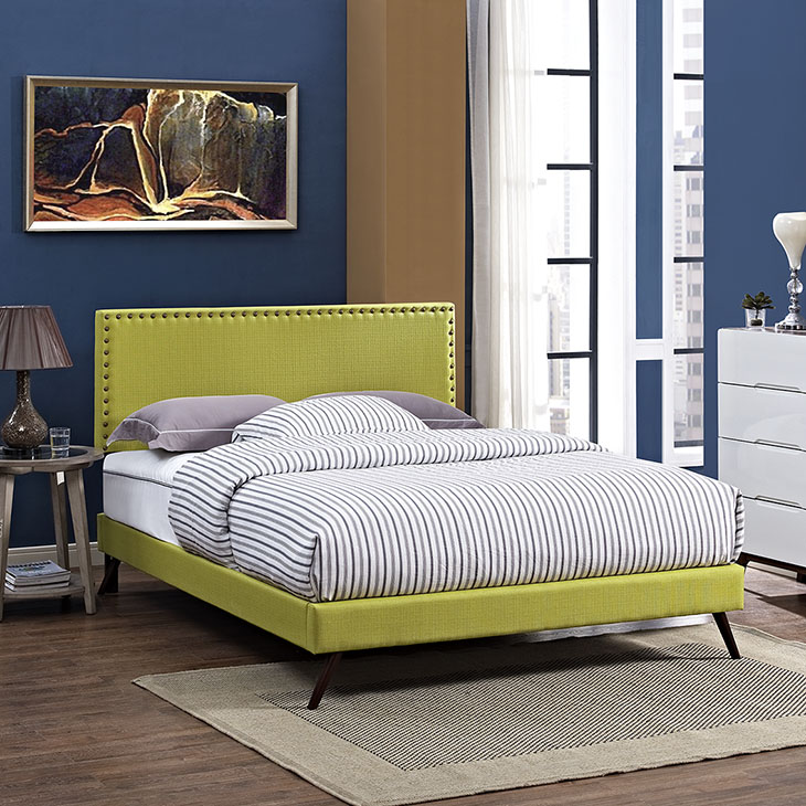 Phoebe Queen Fabric Platform Bed With Round Splayed Legs In Wheatgrass ...