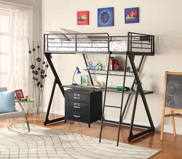 Zazie Black Z Shape Twin Loft Bed Desk, Black Twin Loft Bed With Desk