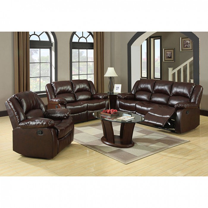 Winslow 3pcs Rustic Brown Bonded, Bonded Leather Reclining Sofa Set